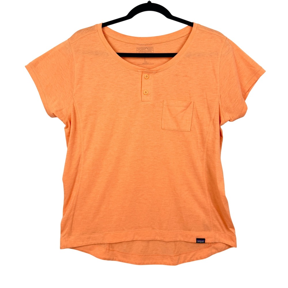 Patagonia L Capilene Cool Trail Henley Shirt Coral Orange Short Sleeve Pocket
